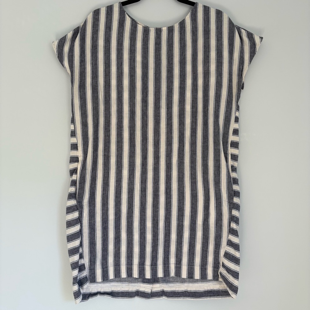Madewell Women’s Dress Sz L Blue White Striped Linen Blend Nautical Side Pockets